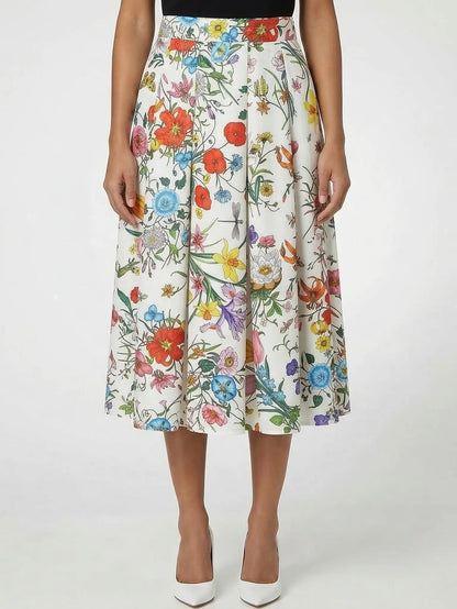Silk Botanical Floral Print Pleated Midi Skirt - S / White - Skirts
