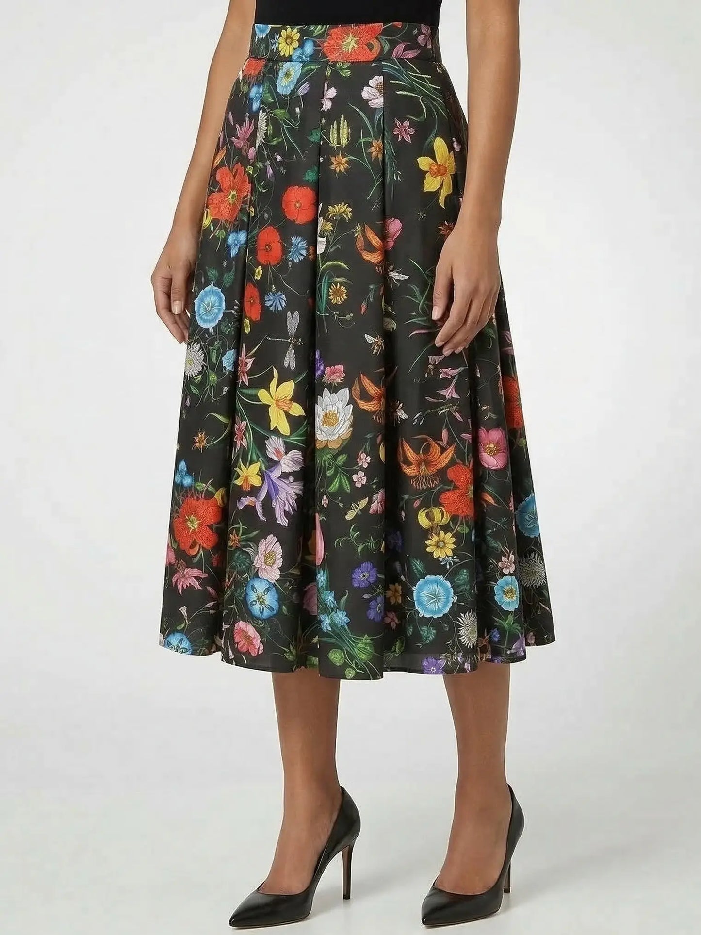 Silk Botanical Floral Print Pleated Midi Skirt - Skirts