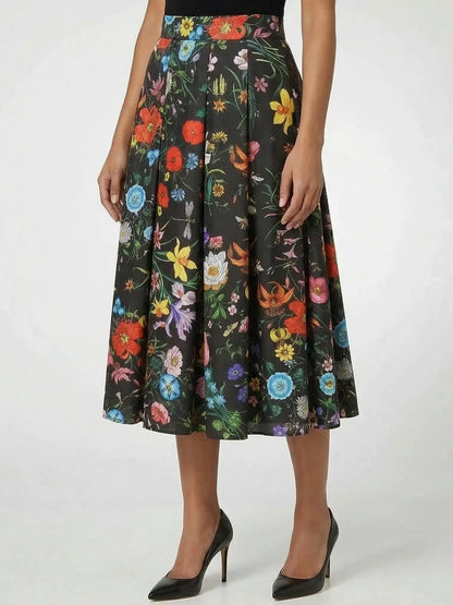 Silk Botanical Floral Print Pleated Midi Skirt - Skirts