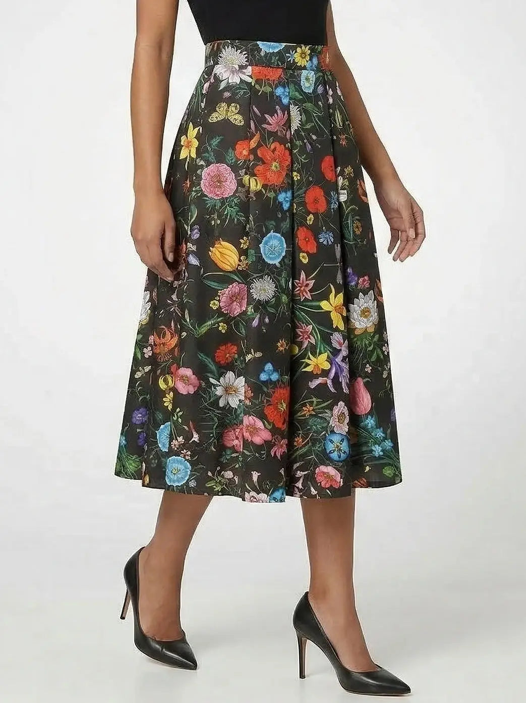 Silk Botanical Floral Print Pleated Midi Skirt - Skirts