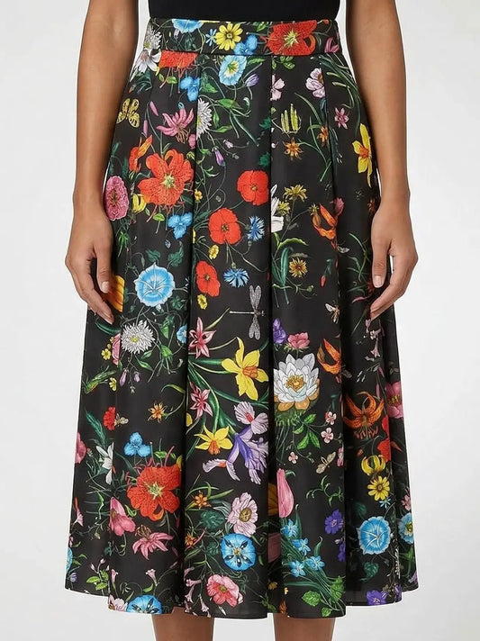 Silk Botanical Floral Print Pleated Midi Skirt - Skirts