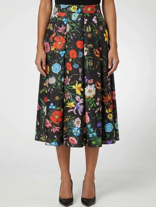 Silk Botanical Floral Print Pleated Midi Skirt - S / Black - Skirts