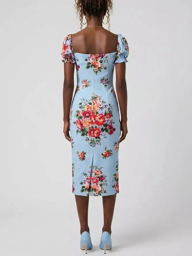 Silk Floral Midi Dress with Puff Sleeves - Dresses