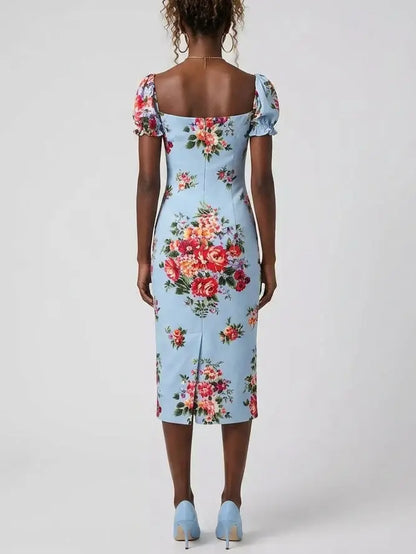 Silk Floral Midi Dress with Puff Sleeves - Dresses