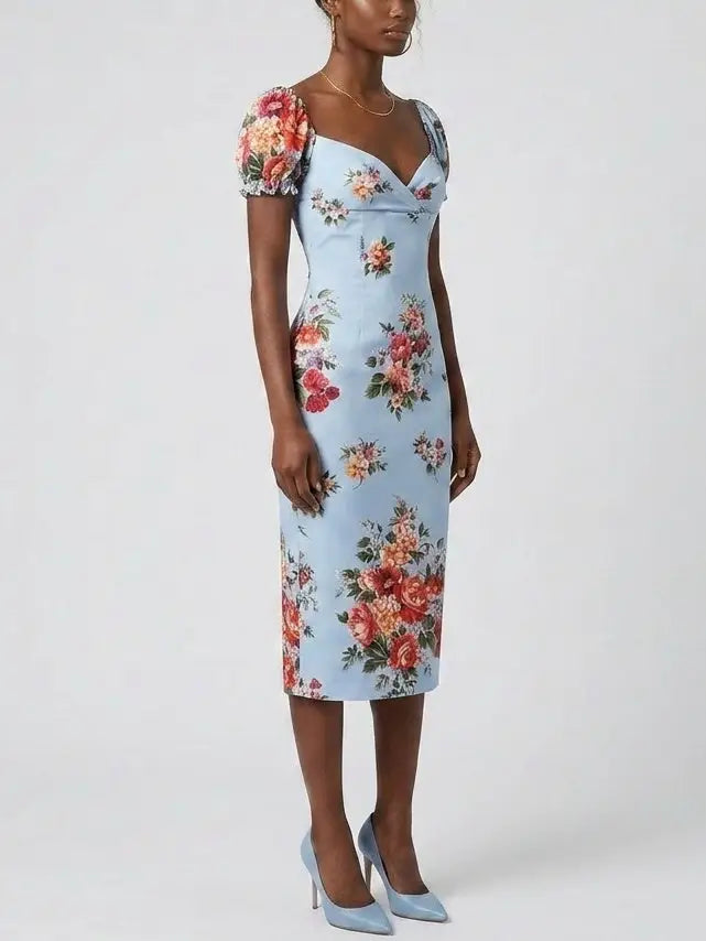 Silk Floral Midi Dress with Puff Sleeves - Dresses