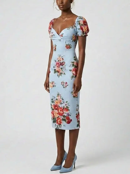 Silk Floral Midi Dress with Puff Sleeves - Dresses