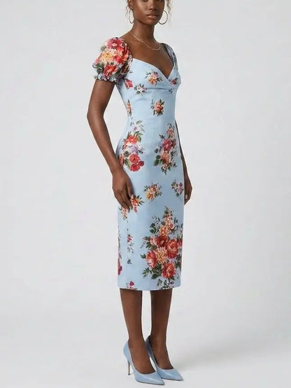 Silk Floral Midi Dress with Puff Sleeves - Dresses
