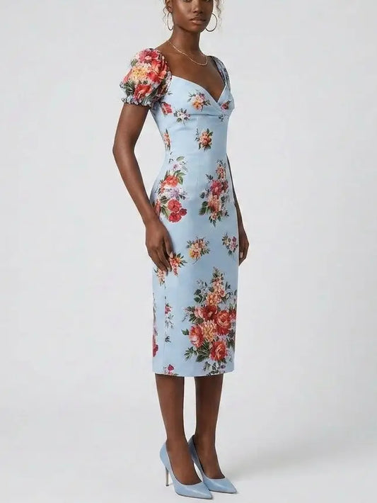 Silk Floral Midi Dress with Puff Sleeves - Dresses