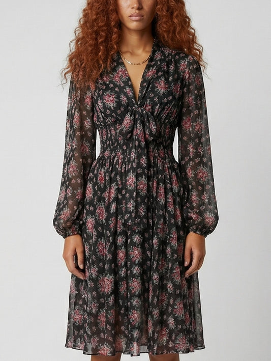 Silk Floral Tie-Neck Smocked Waist Midi Dress - Dresses