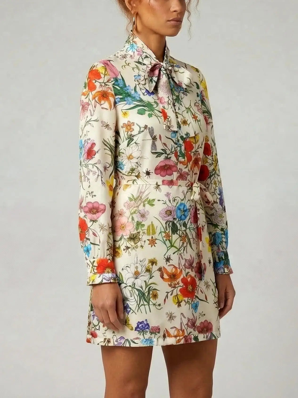 Silk Floral Tunic Mini Dress with Tie Neck - Dresses