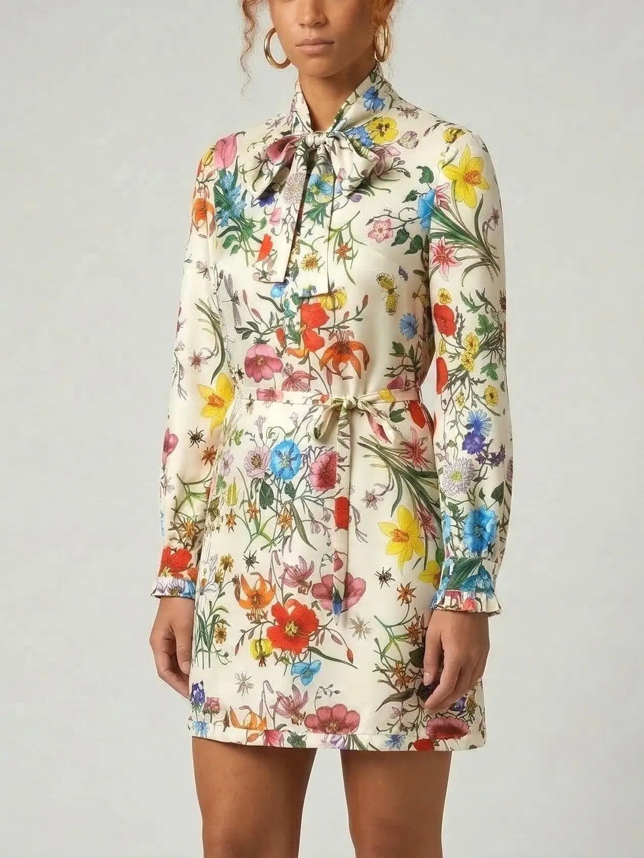 Silk Floral Tunic Mini Dress with Tie Neck - Dresses