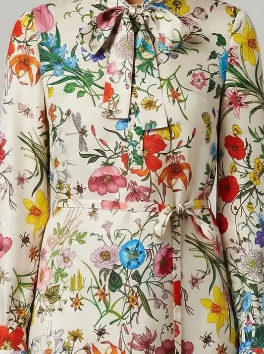 Silk Floral Tunic Mini Dress with Tie Neck - Dresses