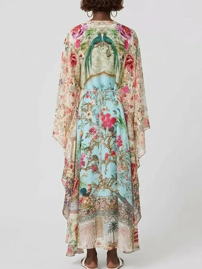 Silk Kaftan Maxi Dress with Floral and Bird Print - Dresses