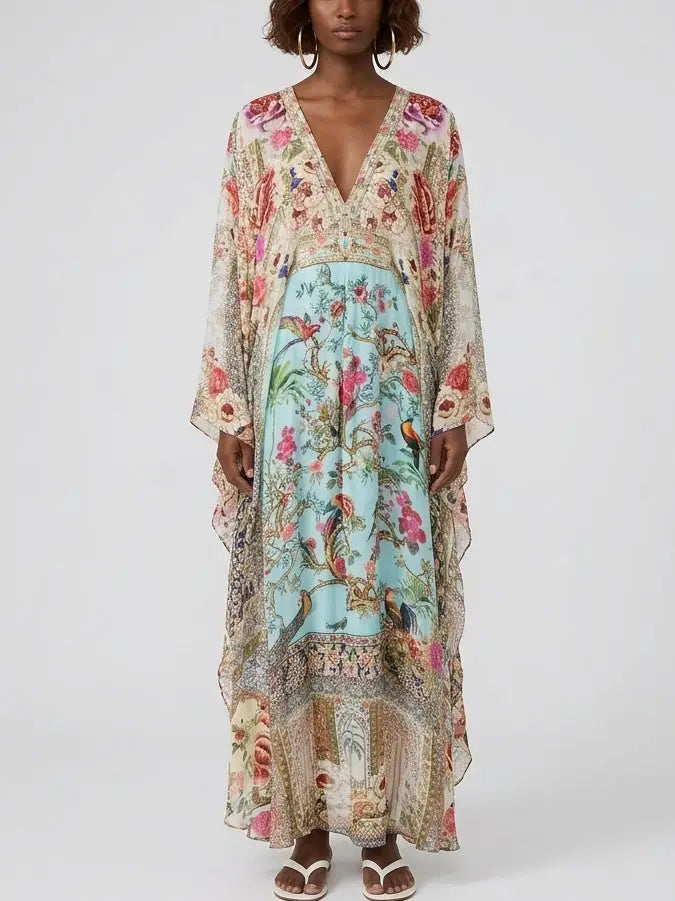 Silk Kaftan Maxi Dress with Floral and Bird Print - Dresses