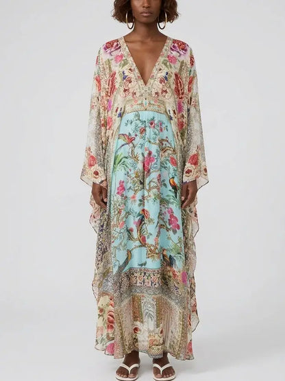Silk Kaftan Maxi Dress with Floral and Bird Print - Dresses