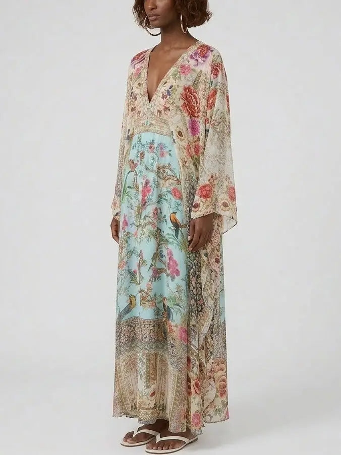 Silk Kaftan Maxi Dress with Floral and Bird Print - Dresses