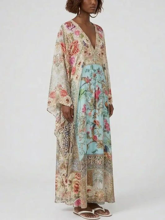 Silk Kaftan Maxi Dress with Floral and Bird Print - Dresses