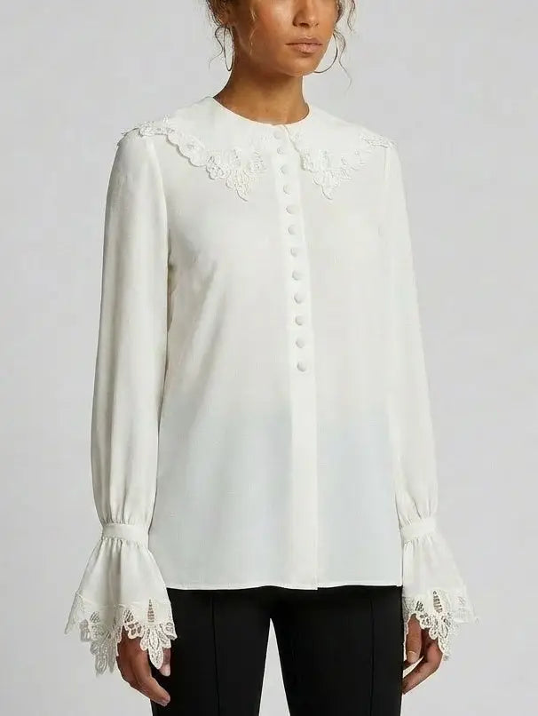 Silk Lace Collar Bell Sleeve Blouse - Tops