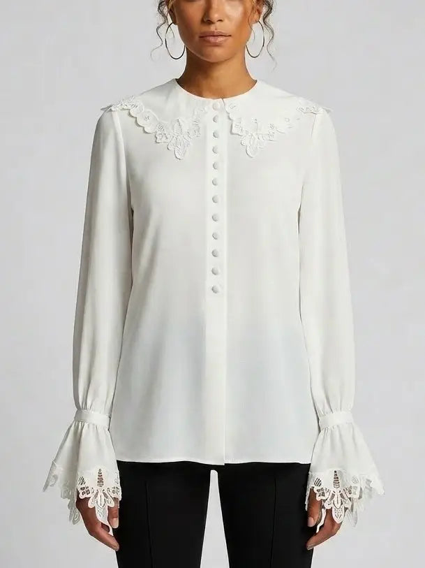 Silk Lace Collar Bell Sleeve Blouse - Small / White - Tops