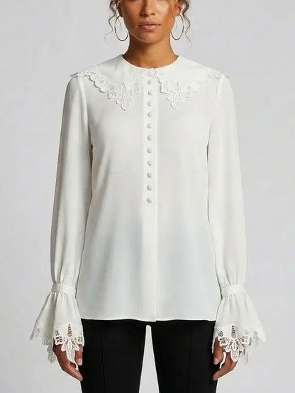 Silk Lace Collar Bell Sleeve Blouse - Small / White - Tops