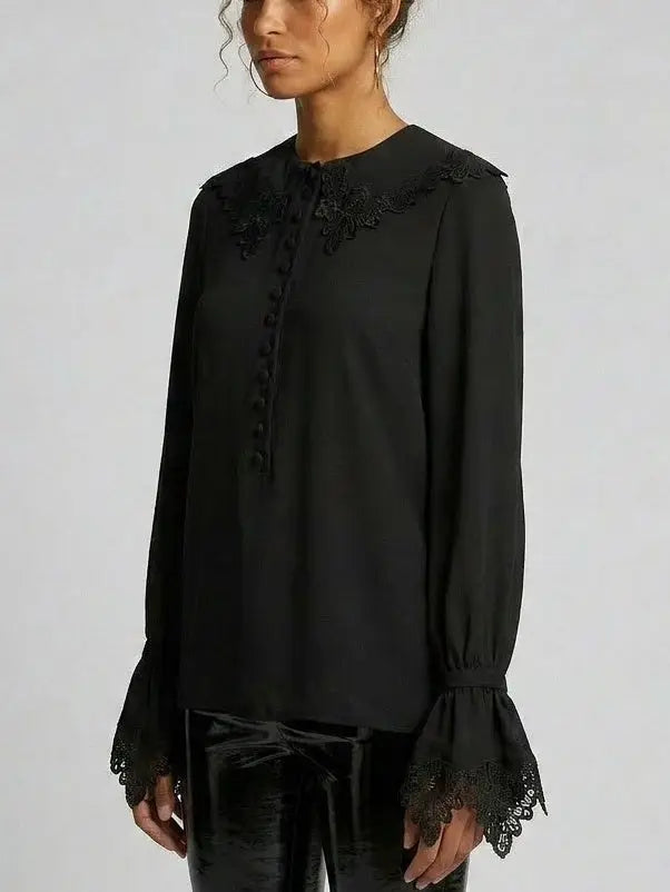 Silk Lace Collar Bell Sleeve Blouse - Tops