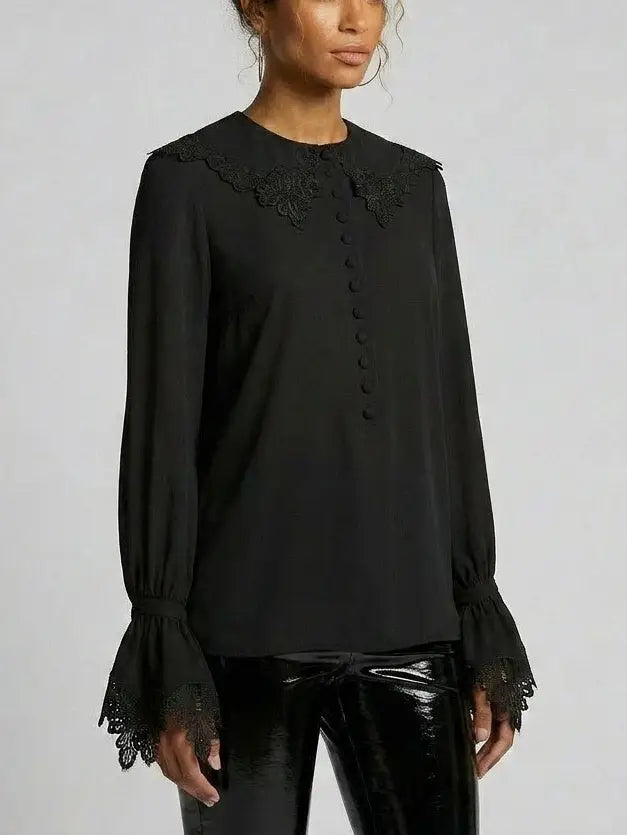 Silk Lace Collar Bell Sleeve Blouse - Tops