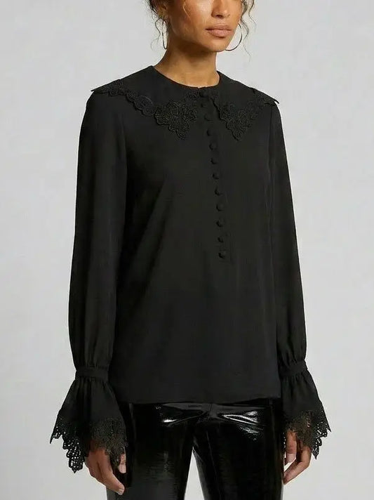 Silk Lace Collar Bell Sleeve Blouse - Tops