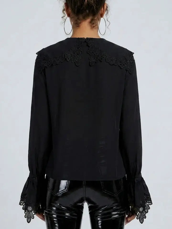 Silk Lace Collar Bell Sleeve Blouse - Tops