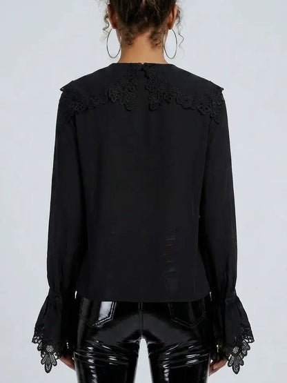 Silk Lace Collar Bell Sleeve Blouse - Tops