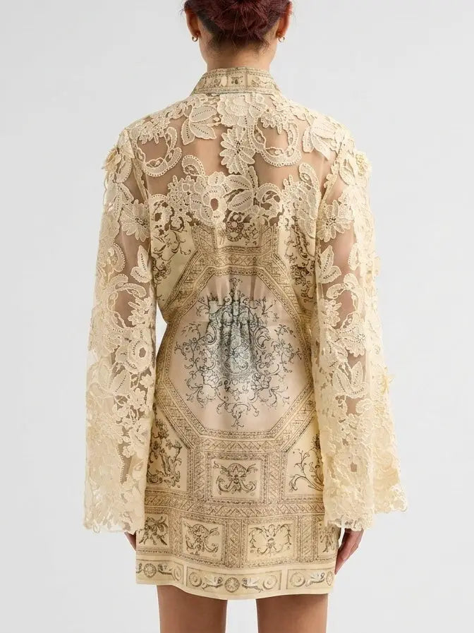 Silk Linen Embroidered Lace Mini Dress - Dresses