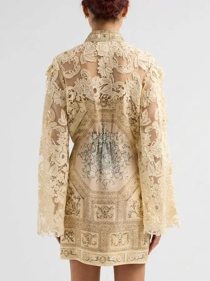 Silk Linen Embroidered Lace Mini Dress - Dresses