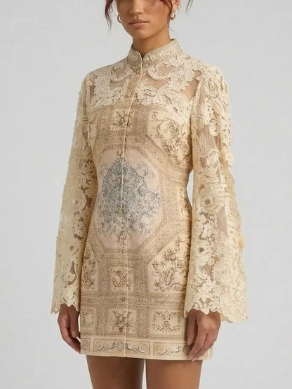 Silk Linen Embroidered Lace Mini Dress - Dresses
