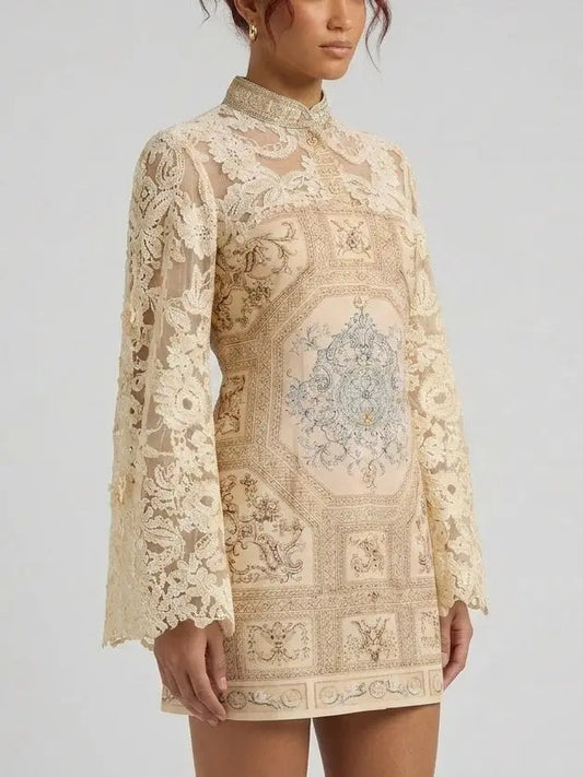 Silk Linen Embroidered Lace Mini Dress - Dresses