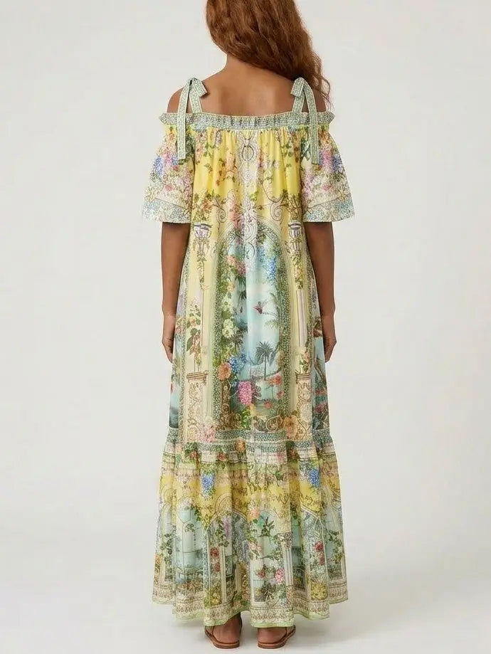Silk Off-Shoulder Maxi Dress with Ornamental Print - Dresses