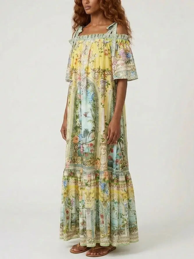 Silk Off-Shoulder Maxi Dress with Ornamental Print - Dresses