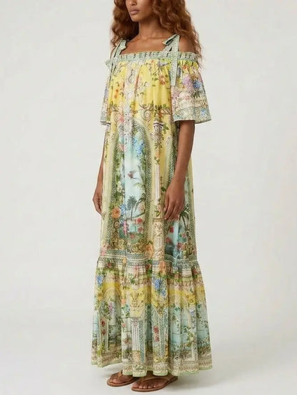 Silk Off-Shoulder Maxi Dress with Ornamental Print - Dresses