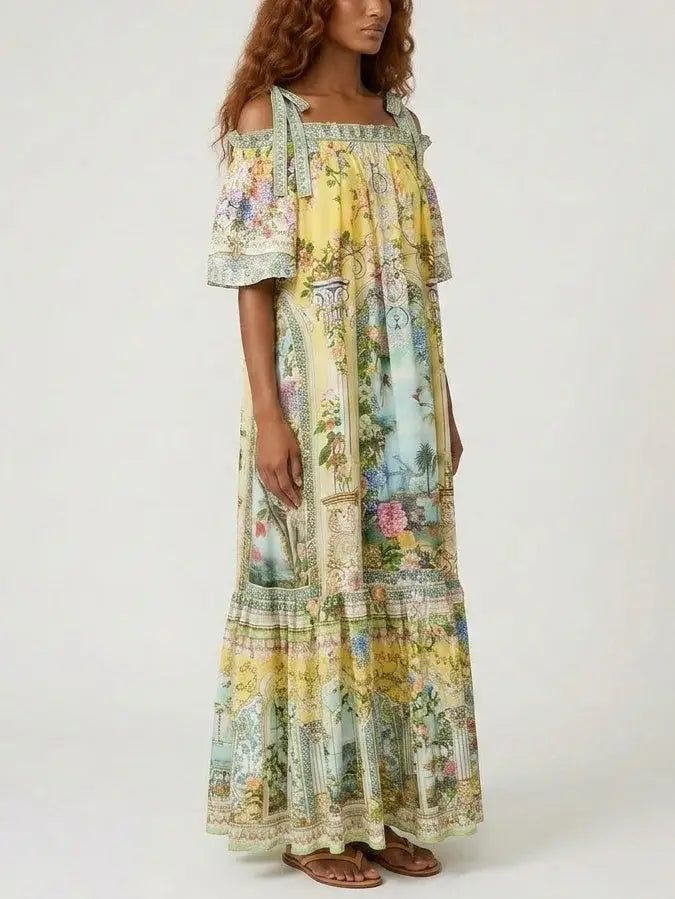 Silk Off-Shoulder Maxi Dress with Ornamental Print - Dresses