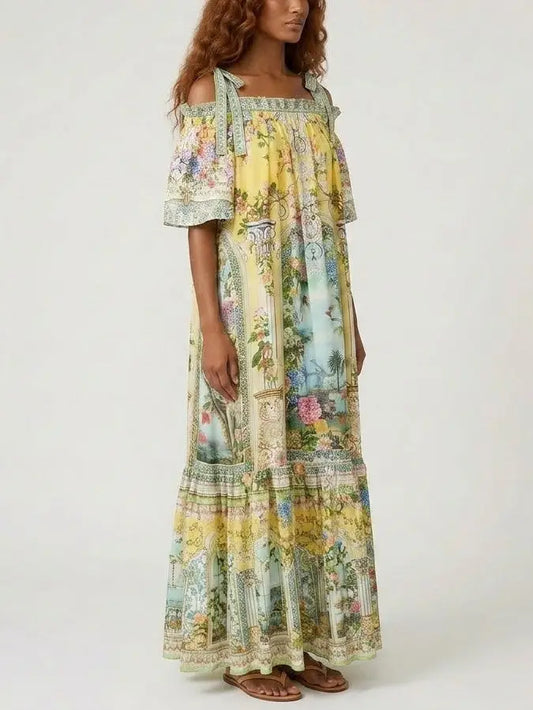 Silk Off-Shoulder Maxi Dress with Ornamental Print - Dresses