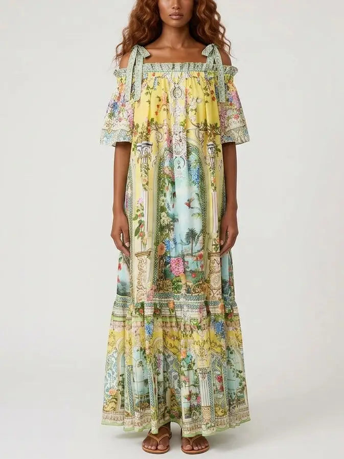 Silk Off-Shoulder Maxi Dress with Ornamental Print - Dresses