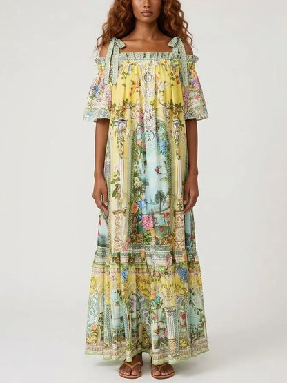 Silk Off-Shoulder Maxi Dress with Ornamental Print - Dresses