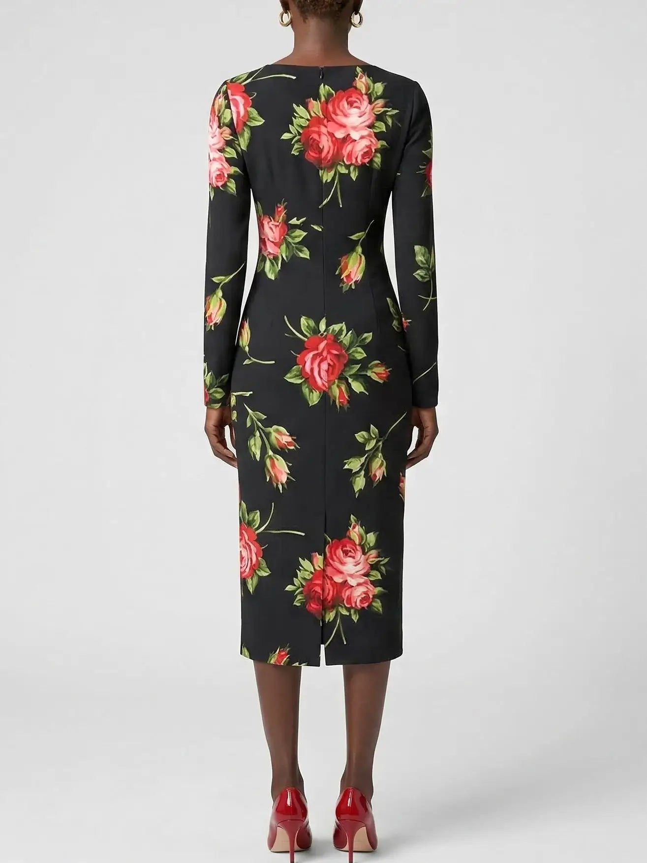 Silk Rose Print Sweetheart Midi Dress - Dresses