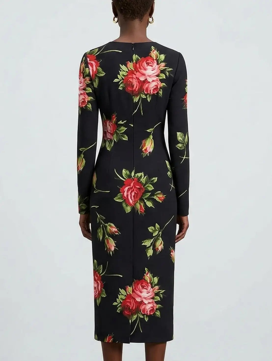 Silk Rose Print Sweetheart Midi Dress - Dresses