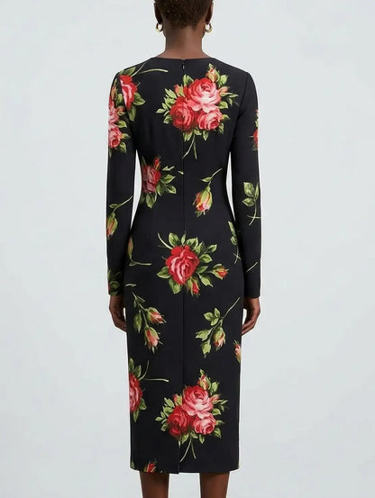 Silk Rose Print Sweetheart Midi Dress - Dresses