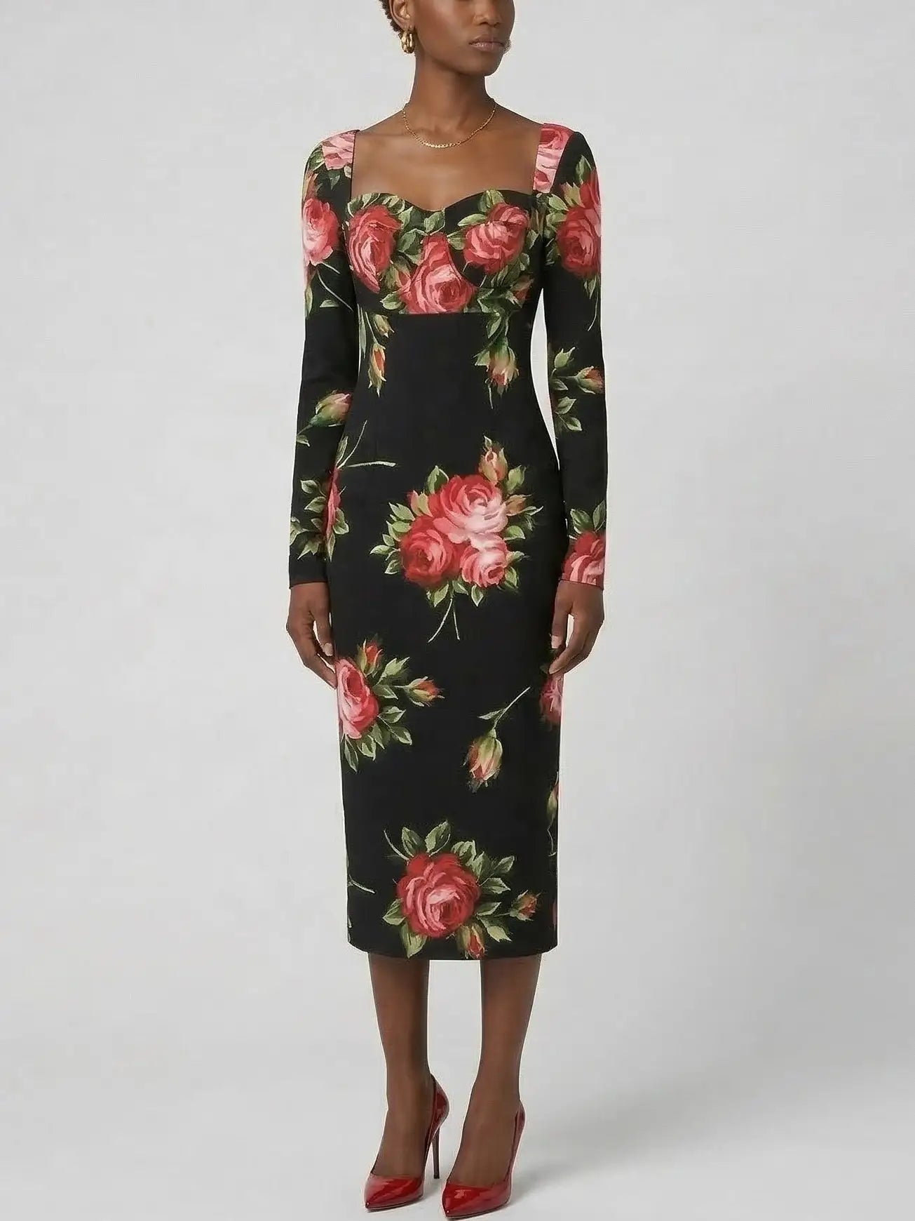 Silk Rose Print Sweetheart Midi Dress - Dresses
