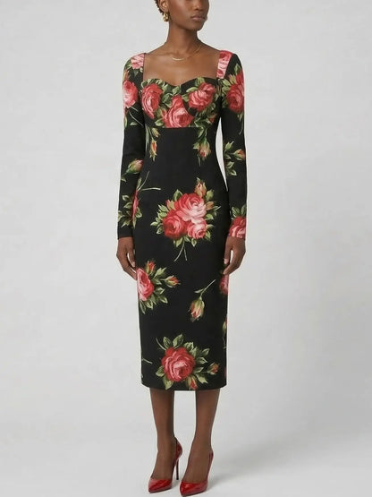 Silk Rose Print Sweetheart Midi Dress - Dresses