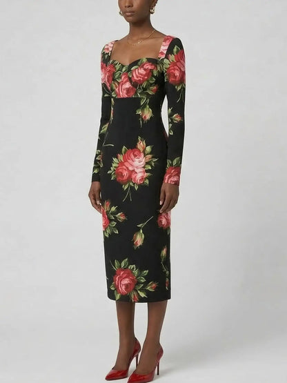 Silk Rose Print Sweetheart Midi Dress - Dresses