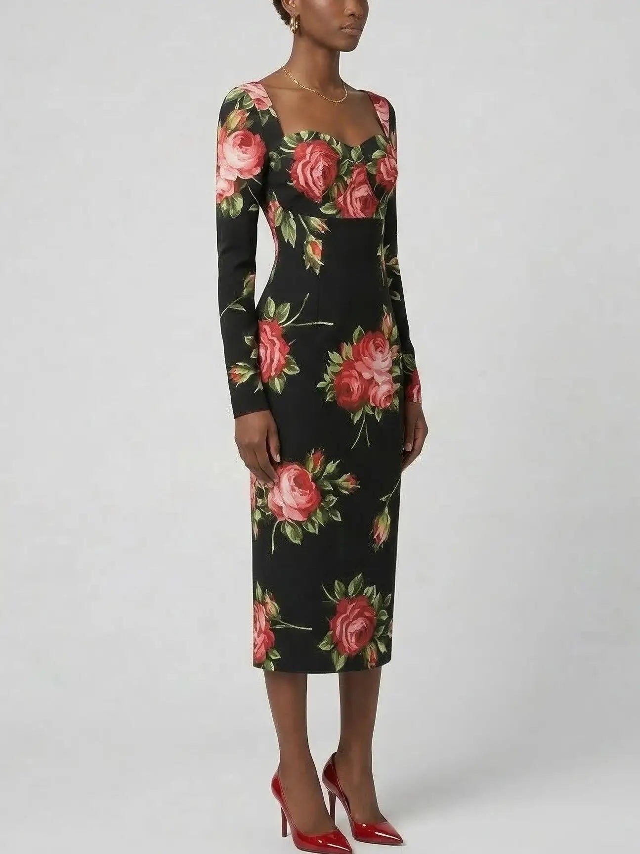 Silk Rose Print Sweetheart Midi Dress - Dresses