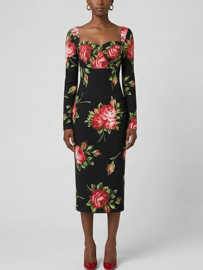 Silk Rose Print Sweetheart Midi Dress - Dresses