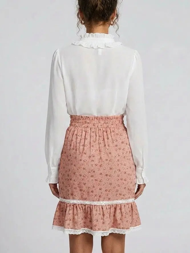 Silk Ruffle Blouse and Blush Floral Skirt Set - Suits & Sets