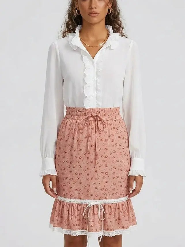 Silk Ruffle Blouse and Blush Floral Skirt Set - Suits & Sets